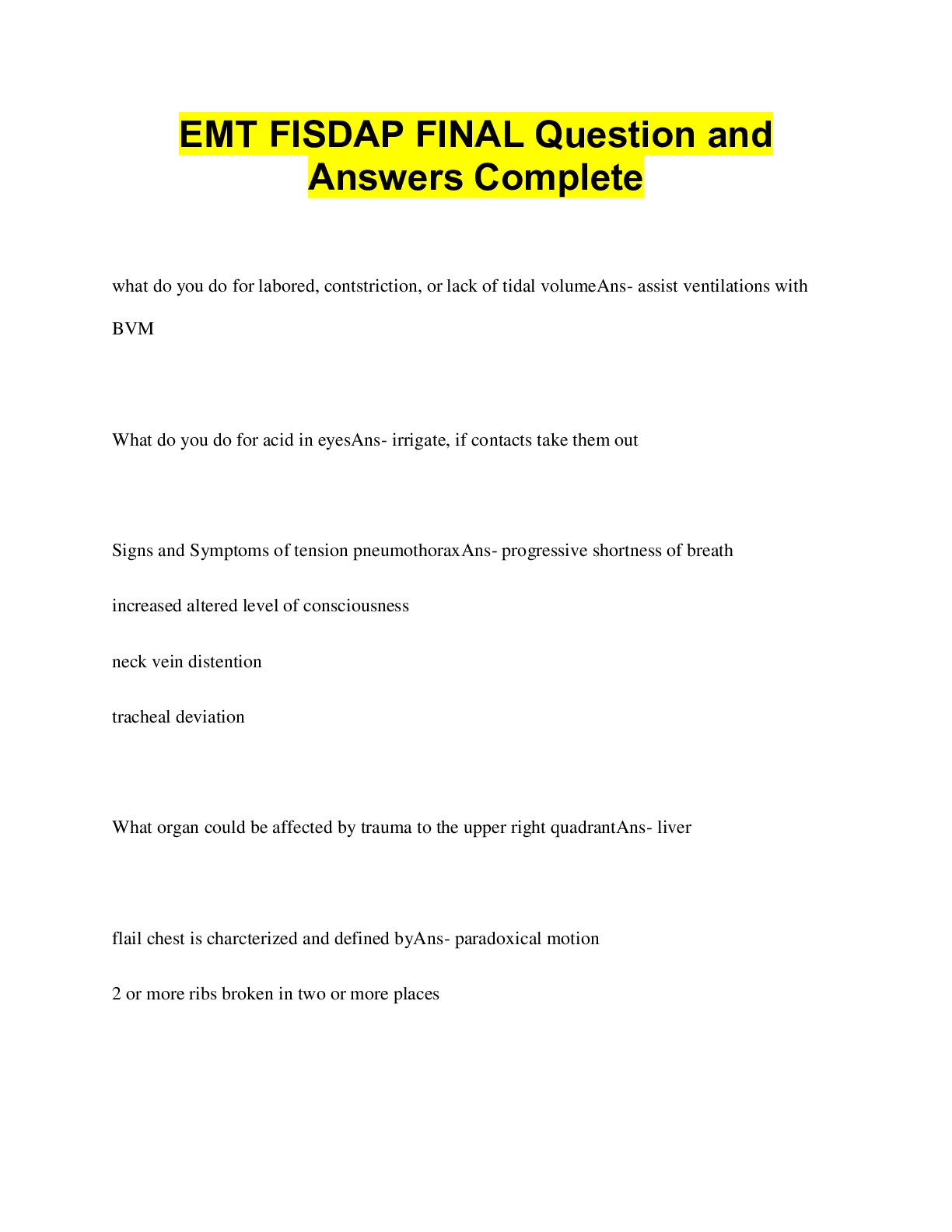 Preview image for EMT FISDAP FINAL Question and  Answers Complete